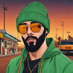 a man in green and yellow sunglasses next to a gas station,man with green hat and glasses on the street