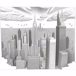 a drawing that is very detailed and in color,drawing city buildings with black and white pencils