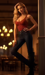 young woman in jeans posing for a picture with no shoes