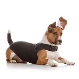 a brown and white dog is wearing a black shirt
