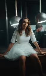 the woman is sitting at a table, posing for a photo