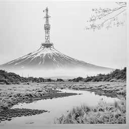 the image is black and white, with the view of the volcano