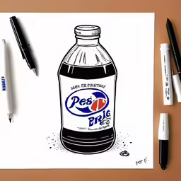 a drawing of a pepsi bottle and pen on paper