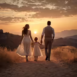 the family is walking in the desert