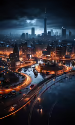 cityscape with cars traveling on road near bridge and buildings at night