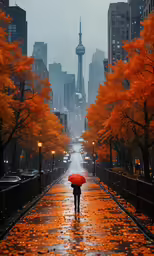there is a person walking down a wet street holding an umbrella