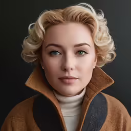 a woman with a wavy, blonde hair and brown jacket