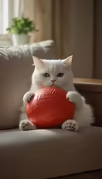 a white cat holds onto a red ball