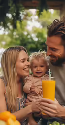a man, woman and child sit on a bench holding oranges and a glass of juice