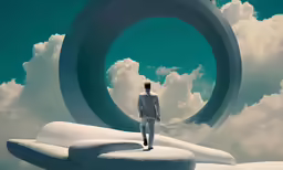 a man in white standing next to a large object
