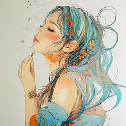 there is a female with an artistically colored hair and smoke