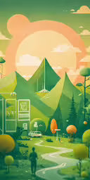 an illustration of a landscape with buildings and mountains,the art work of mark schiller in this illustration