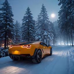 the rear end of a yellow car is seen in this snowy image