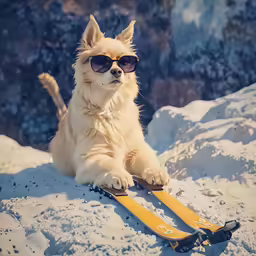 a dog with sunglasses and a leash sits in the snow