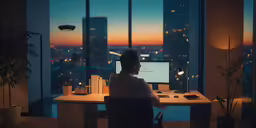 a person sitting in front of a computer in an office