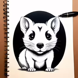 a drawing of a white mouse with a black circle