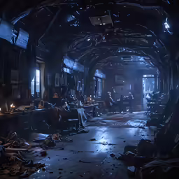 people walking through a room with lots of debris all around