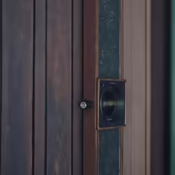a camera sits behind a brown paneled door