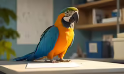a blue and yellow bird sits on a ledge
