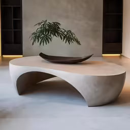 a plant in a bowl on top of a cement counter