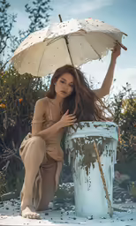 a woman with a white umbrella leaning on a trash can