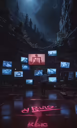 someone standing in front of televisions with no people