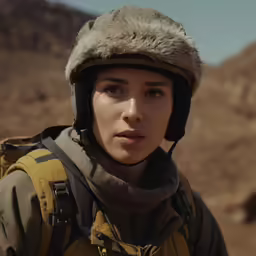 there is a woman in the mountains with a helmet