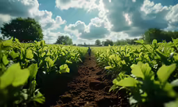 a dirt path through a large green field