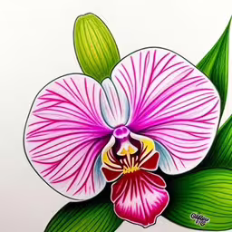 a picture of an orchid with green leaves on it,this is a drawing of a purple flower
