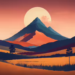 the sunset and mountains are painted with shades of pink, green, orange, and blue,an illustration of a sunset behind a mountain peak
