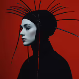the artwork depicts a woman in a black dress with hair sticking out of her ears