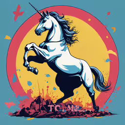 a digital image of a unicorn running,the unicorn on top of a mountain with mountains in the background