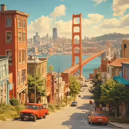 a painting showing the view of the bridge and city