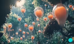 a cluster of clear balls and other things floating above
