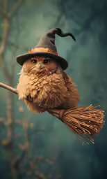 an owl with a hat and cane is perched on a branch