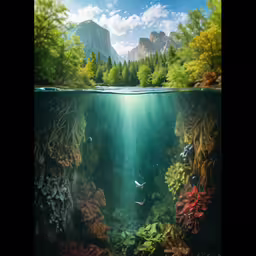 an underwater picture with trees, plants and clouds in the background