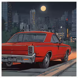 a red car driving on the street in front of the city at night,an old fashioned red car with lights in the city