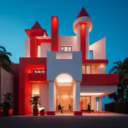 the large, modern house is in very bright colors