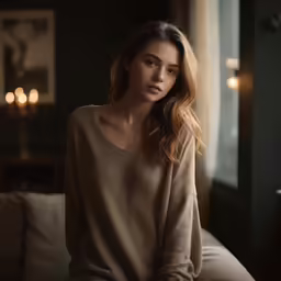 a woman sits in a room with candles behind her