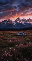 an old car sits in the field at dusk