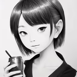 black and white photo of a young girl with bobble head holding a drink
