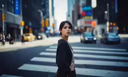 a woman looking back standing in the middle of the street
