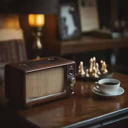 a microwave and coffee cup are sitting on a table