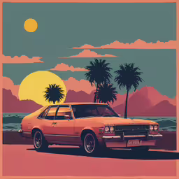 a car sitting in front of an orange sunset on a beach,an orange car parked in front of the ocean