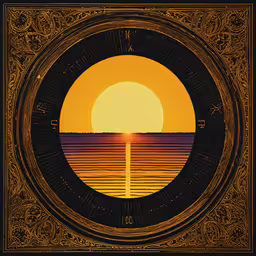 a painting of the sun rising over an ocean,a poster with an orange sunset and a large circular piece