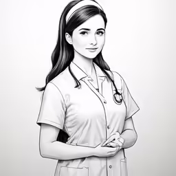 the drawing shows a black and white image of a woman with a stethoscope