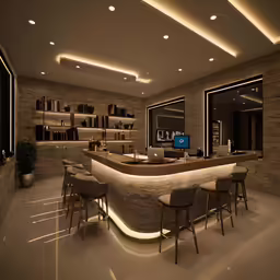 this large open plan restaurant has a counter and lounge chairs