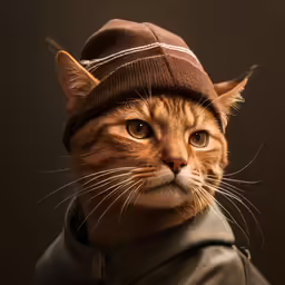 an orange cat wearing a hat, brown coat and boots