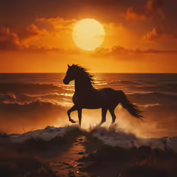 a horse galloping through water during sunset