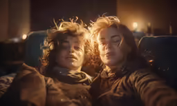 a couple of people with light shining through their eyes